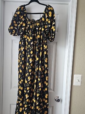 Cider Black Midi Dress with Yellow Lemon Print